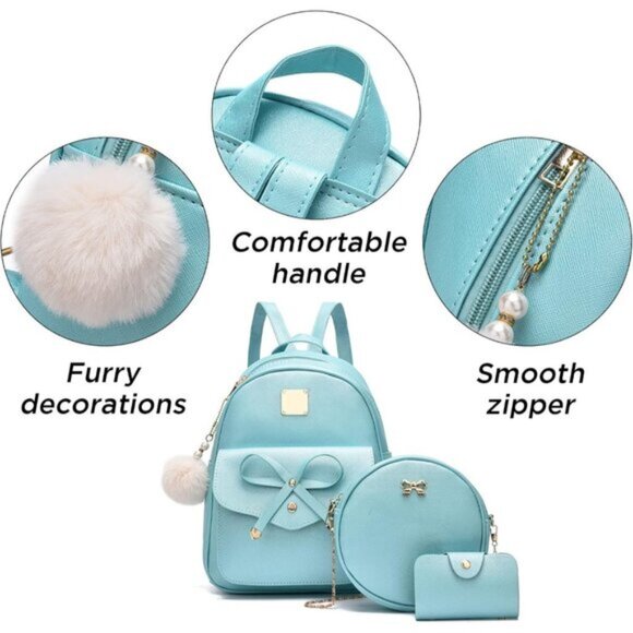 New Bowknot Green 3-Piece Set – Leather Backpack, Shoulder Bag & Purse - Picture 6 of 7